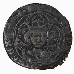 Coin, round, a crowned bust of the King facing, key on each side of neck; text around.