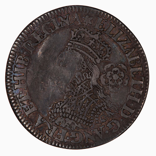 Coin, round, Crowned bust of the Queen, wearing ruff and embroidered dress facing left; behind, rose; text aro