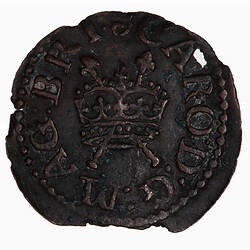 Token, round, at centre, a crown with crossed sceptres behind; text around.