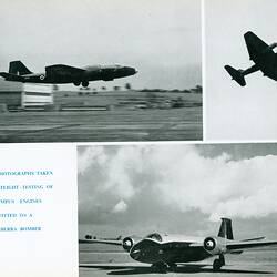 Photographs of Canberra bomber flying and on airstrip.