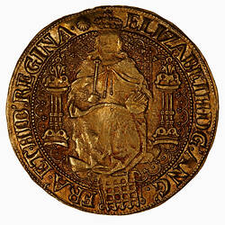 Coin, round, Full figure of the Queen enthroned, wearing crown and holding a sceptre and orb.