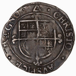 Coin, round, shield quartered with the arms of England, France, Scotland and Ireland.