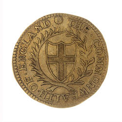 Coin, round, Within a wreath of palm and laurel a shield bearing the cross of St. George; text around.