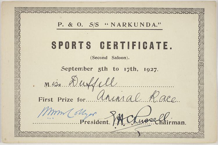 Sports Certificate - Animal Race, P&O S/S "Narkunda"