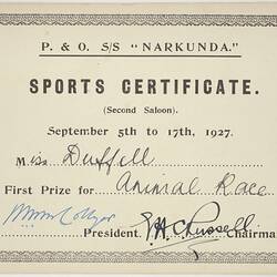 Sports Certificate - Animal Race, Awarded to Miss Duffell, SS Narkunda, 1927