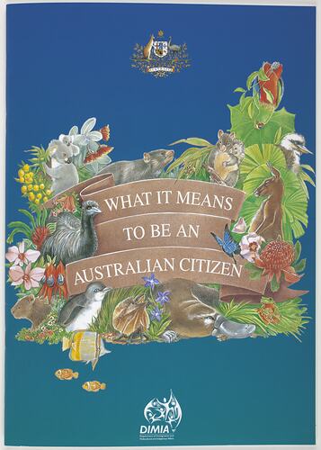 Blue booklet with Australian flora and fauna artwork. Central text in brown scroll. Coat of arms at top.