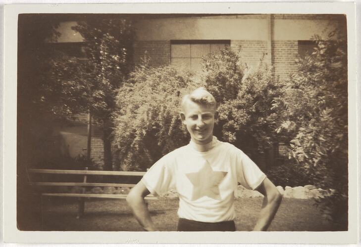 Harry Clarke in the garden area of the Kodak Australasia Pty Ltd factory site in Abbotsford, in the early 1940s.