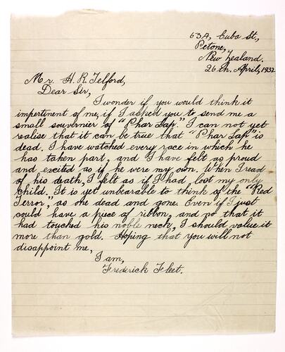 Letter - Fleet to Telford, Phar Lap's Death, 26 Apr 1932