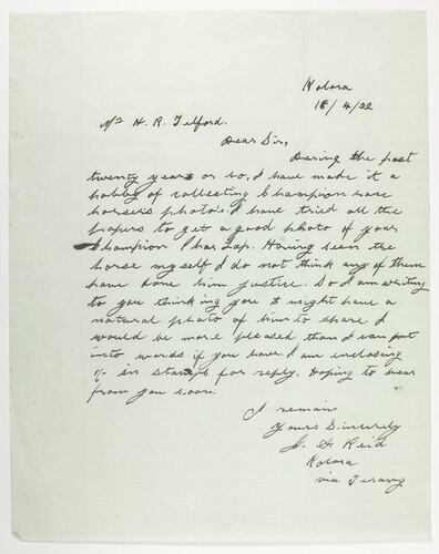 Letter - Reid to Telford, Phar Lap's Death, 18 Apr 1932