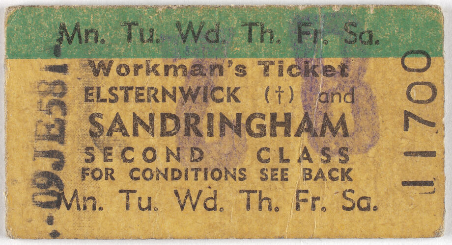 Train Ticket - Elsternwick & Sandringham, Second Class, 1958