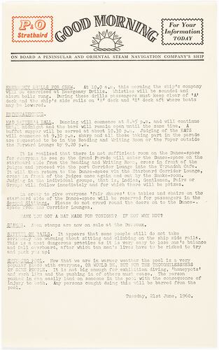 Newsletter - 'Good Morning', P&O Lines, Strathaird, 21 Jun 1960