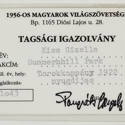 Membership Card - Issued to Gizella Kiss, Magyarok Vilagszovetsege Ausztralia Inc., 1995