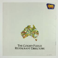 Back cover of booklet. Map of Australia constructed by food, with yellow sheep logo top right.