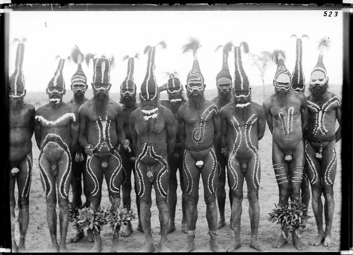 Arrernte men, decorated for the Illionpa corroboree, Alice Springs, Central Australia, 1894.