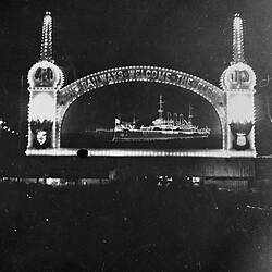 Negative - 'The Railways Welcomes the Fleet' Illuminated Sign, Melbourne, Victoria, circa 1915