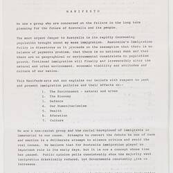Document - 'Manifesto', Australians Against Further Immigration, circa 1990