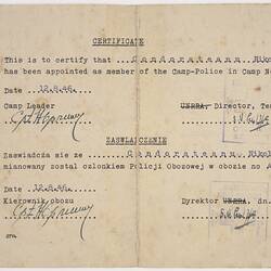 Certificate - Camp Police Membership, Issued to Nicolae Condurateanu, 12 Oct 1946