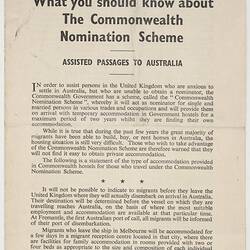 Leaflet - What you should know about the Commonwealth Nomination Scheme, Department of Immigration, Jun 1955, Obverse