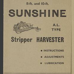 Service Manual - H.V. McKay Massey Harris, SUNSHINE, A.L. Type, Stripper Harvester, 1954