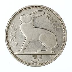 Hare seated facing left on coin, text around.