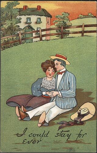 Coloured drawing of  man and woman in countryside.