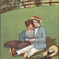 Coloured drawing of  man and woman in countryside.