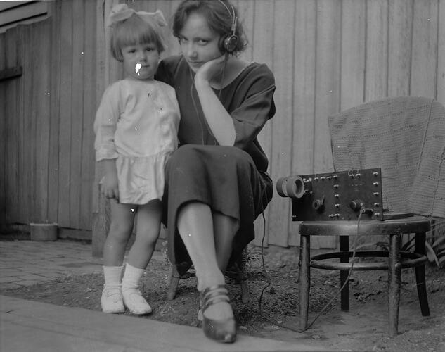 Girl & Younger Sister Listening to Homemade Crystal Set Radio, Backyard, Brunswick, 1923
