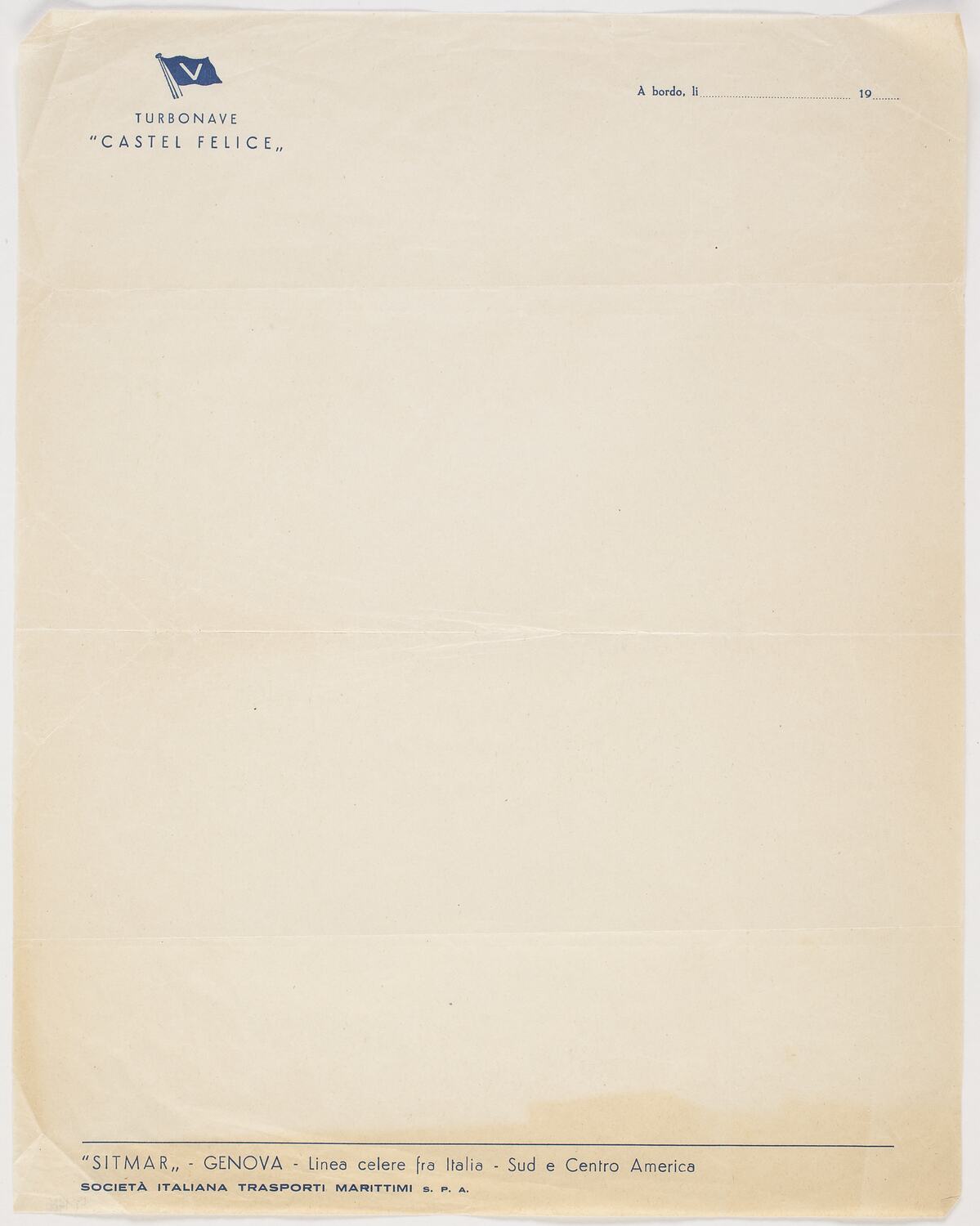 Letterhead - Castel Felice, Sitmar Line, circa 1950s