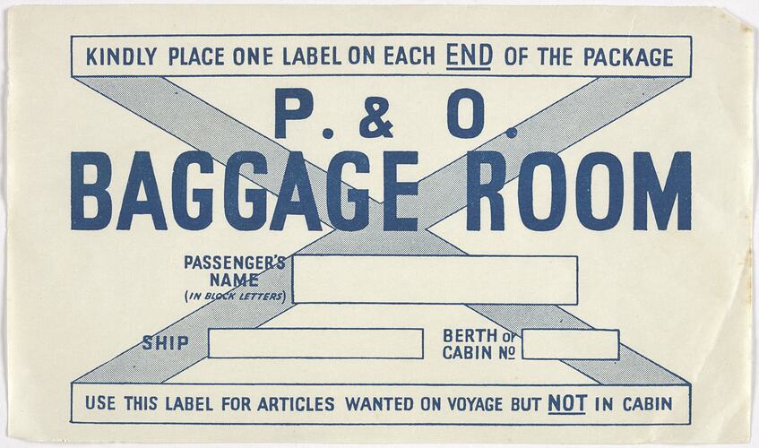 Baggage Label - P&O, Baggage Room