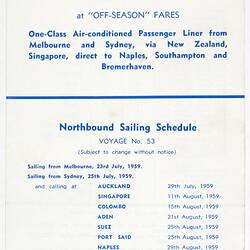 Leaflet - TV Castel Felice to Southampton, Sitmar Line, 1959