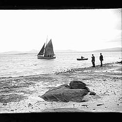 Glass Negative - Beach with Sailing Boat & Rowing Boat Off-Shore, by A.J. Campbell, Kent Island Group, Bass Strait, Tasmania, circa 1900