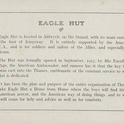 A page of a printed booklet "Eagle Hut".