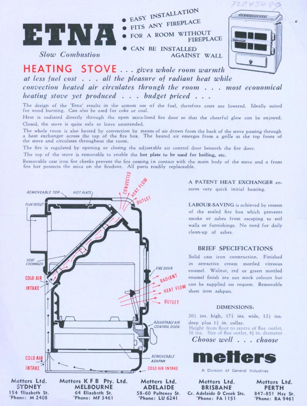 Publicity Leaflet - Metters KFB Pty Ltd Solid Fuel Heaters, circa 1950