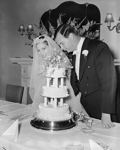 Negative - Bride & Groom with Wedding Cake, Hotel Windsor, Melbourne, Victoria, 1958