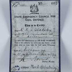 Identity Card - Air Raid Warden, Herbert Blakeley, 21 Nov 1939