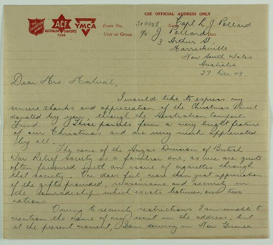 Letter - Leo James Pollard, to Margaret Malval, Thank You & Conditions in New Guinea, 27 Dec 1943