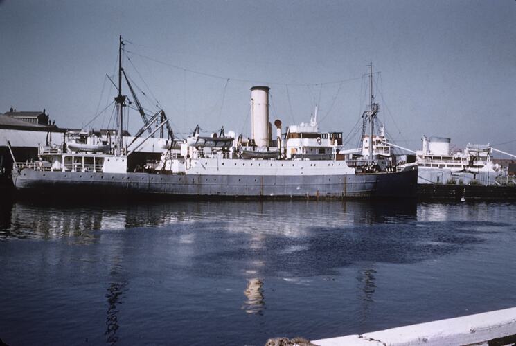 SS Cape York, Commonwealth Lighthouse Supply Ship, at South Wharf, Yarra River, Melbourne, Victoria, 27 Feb 1957