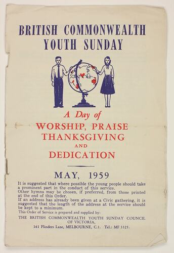 Programs - Order of Service, 'British Commonwealth Youth Sunday', Melbourne, May 1959