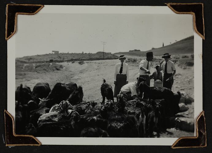 Four adults and a child standing with a herd of goats on a dirt road.