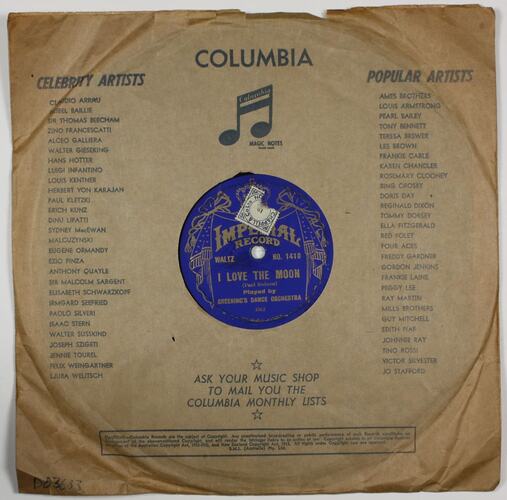 Disc recording - Imperial., "I love the moon" and "Love's Dream", Greening's Dance Orchestra. circa 1930