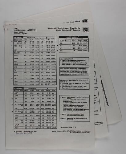 Control Sheets - Kodak, Ektachem DT Systems, 1993-94