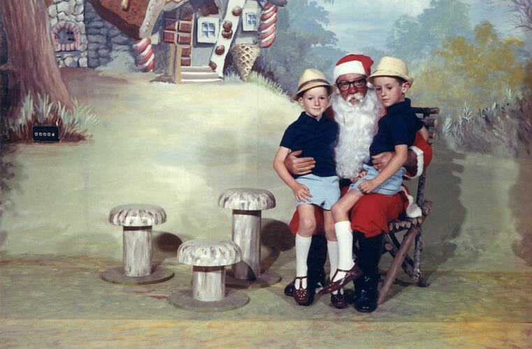 Kodak Australasia Pty Ltd, Staff Christmas Party, James & Richard Kilpatrick Sitting On Santa's Knee, Coburg, Dec 1968