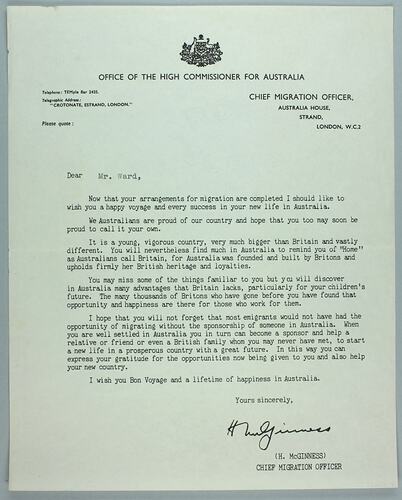 Letter - To Mr Ward from Office of the High Commissioner for Australia, London, circa October1961