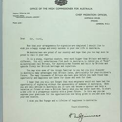 Letter - To Mr Ward from Office of the High Commissioner for Australia, London, circa Oct 1961