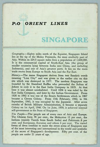 Brochure - 'P&O Orient Lines, Singapore', England, December 1960