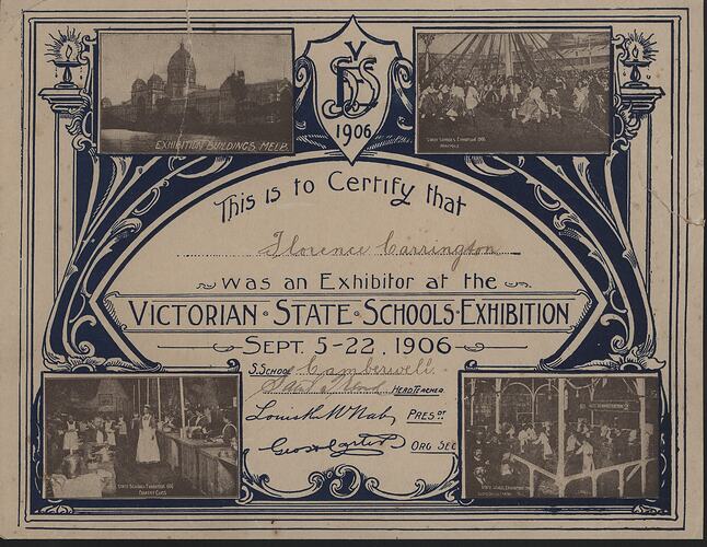 Certificate - Victorian State Schools Exhibition, 5-22 Sep 1906