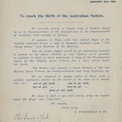 Leaflet - E Whitehead & Co, 'To Mark the Birth of the Australian Nation', Melbourne, 31 Jan 1901