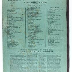 Back cover of song book with extensive text.