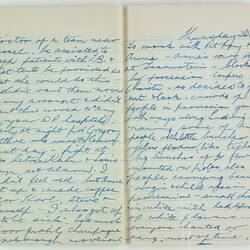 Open book, 2 cream pages dated Thursday 20th. Cursive handwritten text in blue ink. Page 114 and 115.