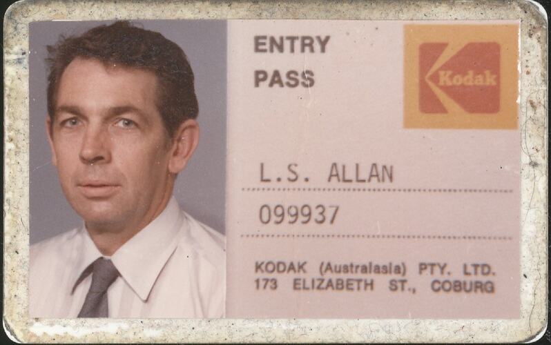 Identification Card - Issued to Louis Shane Allan, Kodak Australasia Pty Ltd, Coburg, circa 1977